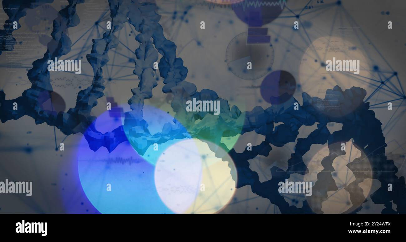 Brins d'ADN et connexions de réseau sur des formes abstraites bleues et blanches Banque D'Images