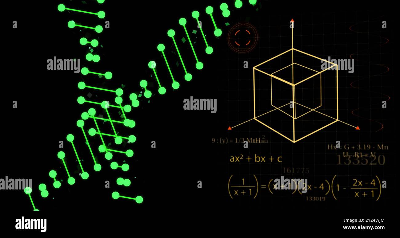 Brin d'ADN et formules mathématiques sur des formes géométriques et des équations Banque D'Images