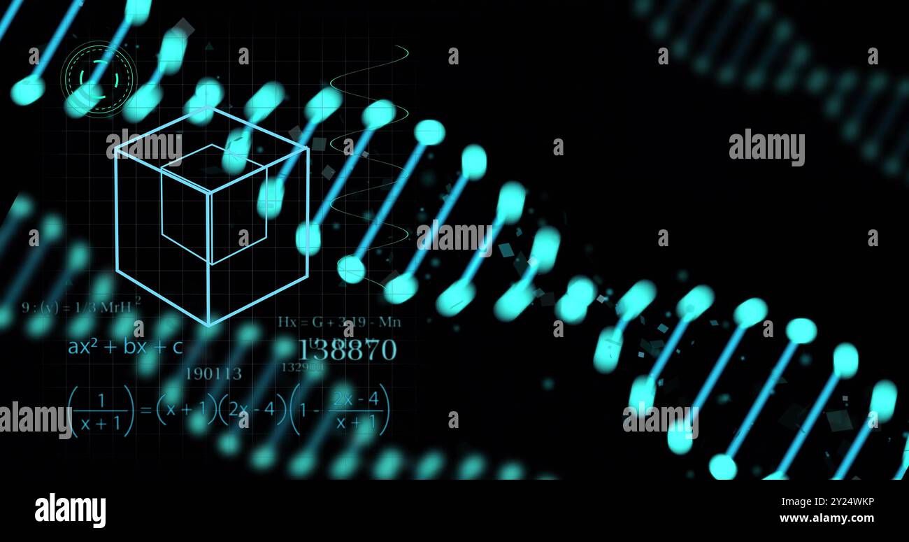 Brin d'ADN et formules mathématiques sur fond noir Banque D'Images