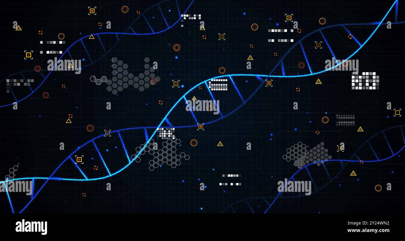 Image d'un réseau d'adn de connexions et de brins d'adn sur fond noir Banque D'Images
