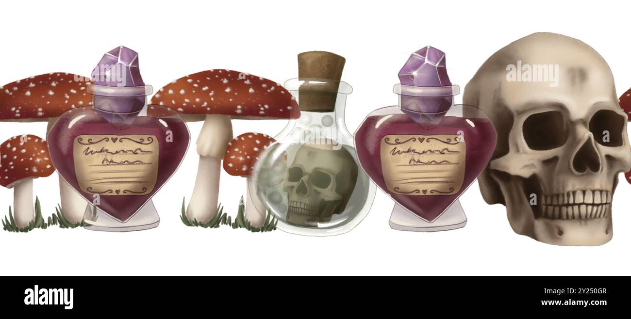 Bordure sans couture avec potion toxique d'Halloween et crâne humain dans le style de bande dessinée. Design de vacances sombre sans fin dessiné à la main. Modèle mystique sombre bordé pour Banque D'Images Bordure sans couture avec potion toxique d'Halloween et crâne humain dans le style de bande dessinée. Design de vacances sombre sans fin dessiné à la main. Modèle mystique sombre bordé pour Banque D'Images