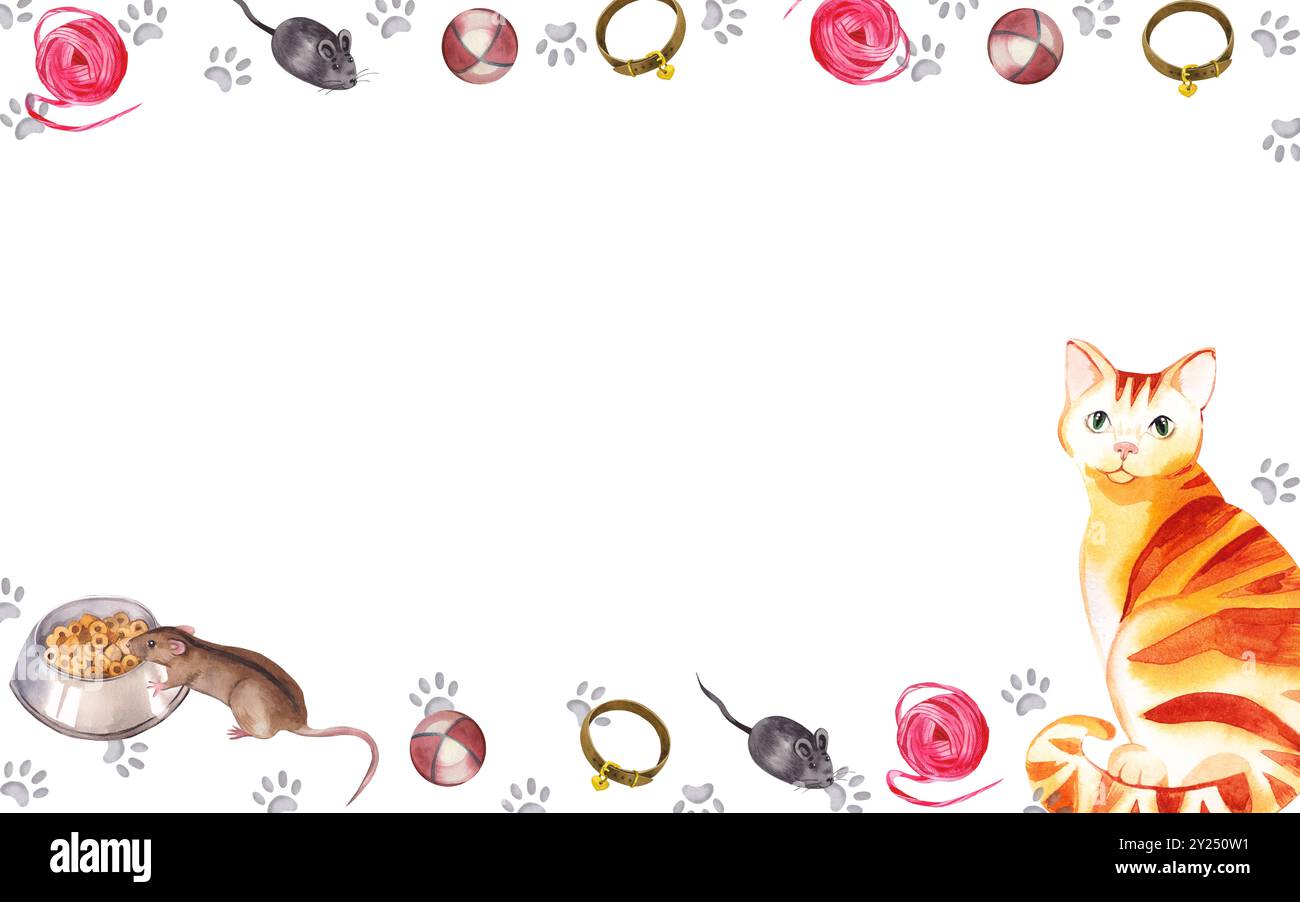 Animaux domestiques, animaux. Chat tabby rouge, souris brune avec rayure sur le dos, jouets pour chats, chiens, bol avec de la nourriture, empreintes de pattes de chiens, chats. Pour l'impression Banque D'Images