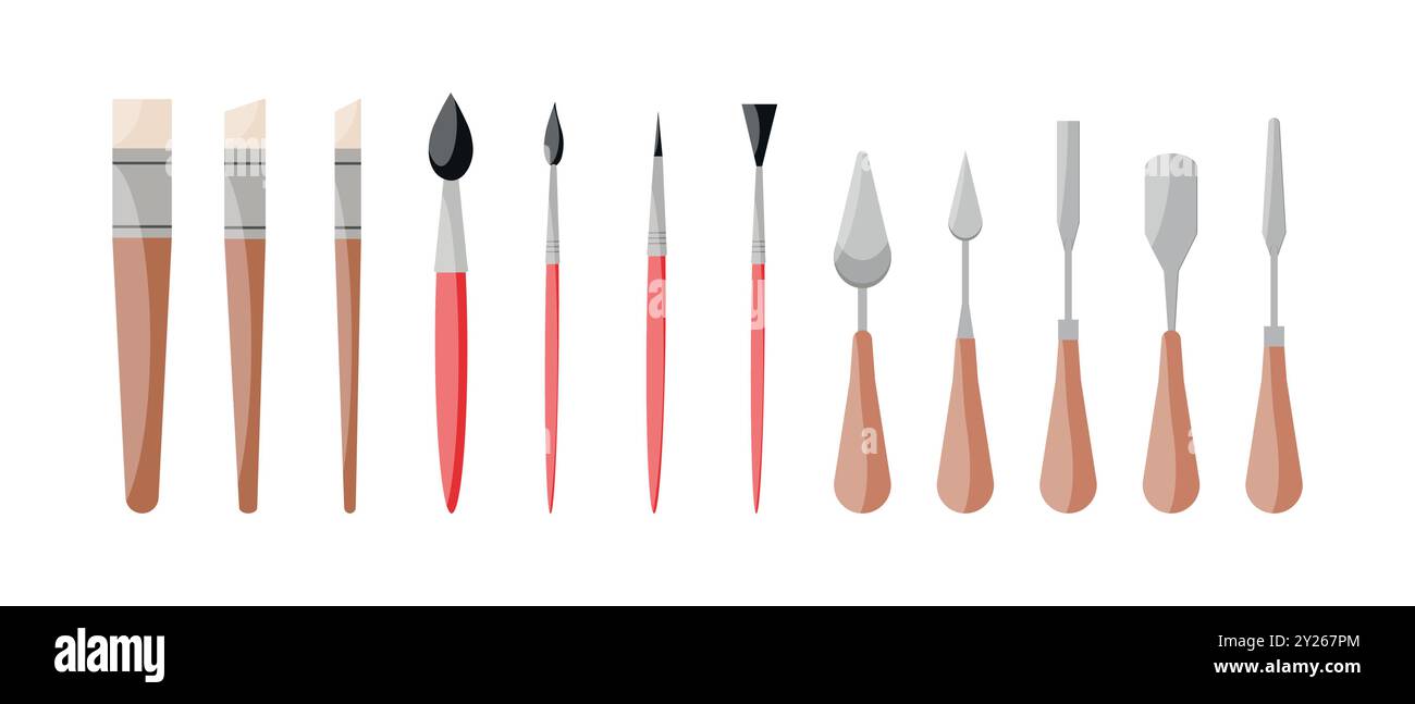 Ensemble de divers pinceaux en forme et couteaux à palette. Icônes des outils de peinture. Illustration vectorielle Illustration de Vecteur