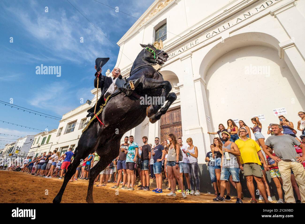 Élevage de chevaux pendant la promenade de souvenir de Caixers, 'Colcada', devant l'église paroissiale de Sant Lluís, fêtes de Sant Lluís, Minorque, îles baléares, Espagne. Banque D'Images