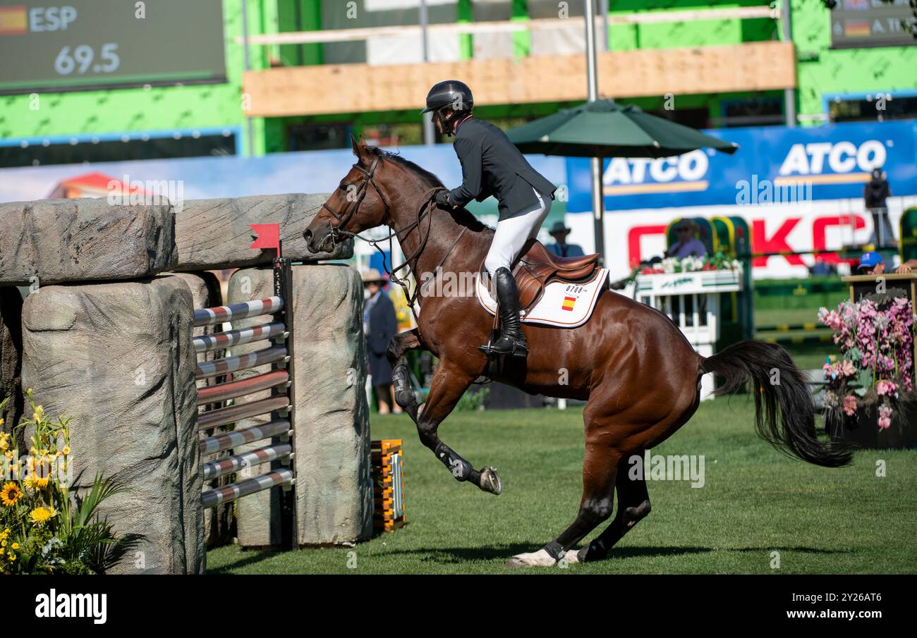 Calgary, Alberta, Canada, 7 septembre 2024. Alberto Martinez Galobardes (ESP) Riding Kelly, BMO Nations Cup, CSIO Spruce Meadows Masters, - CP Grand P Banque D'Images