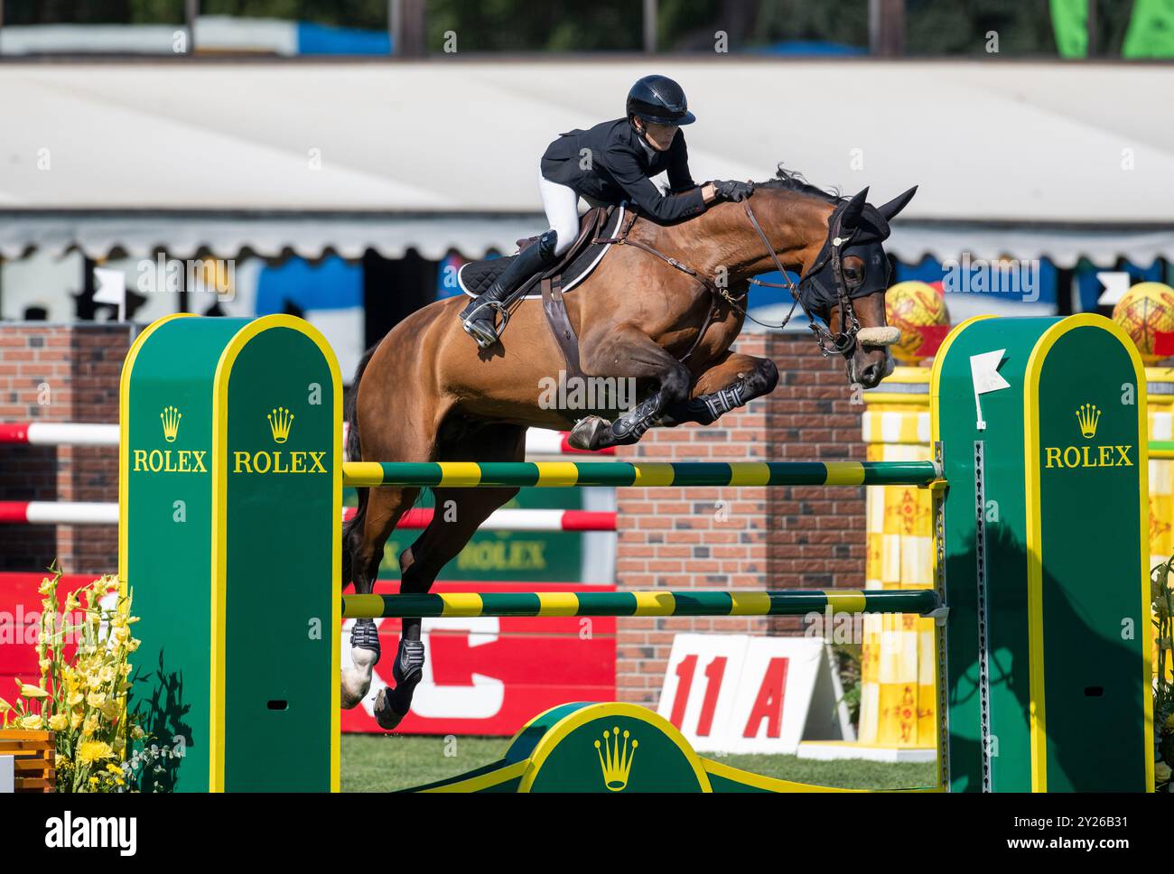 Calgary, Alberta, Canada, 8 septembre 2024.Katie Laury (AUS) Riding Django II, CSIO Spruce Meadows Masters, - Grand Prix international CPKC présenté Banque D'Images