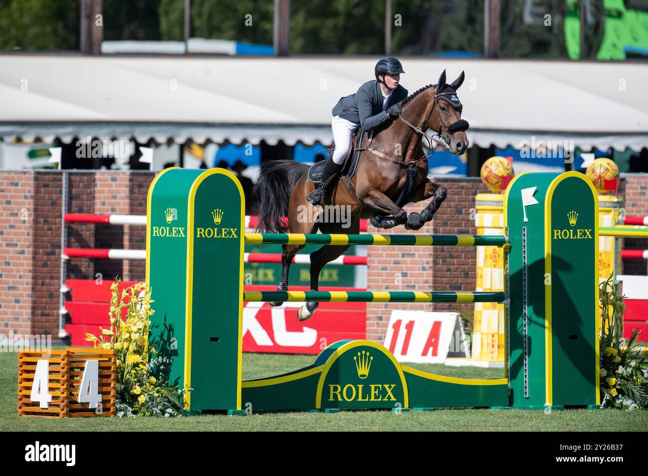 Calgary, Alberta, Canada, 8 septembre 2024. David O'Brian (IRE) Riding El Balou OLD, CSIO Spruce Meadows Masters, - CPKC International Grand Prix Banque D'Images