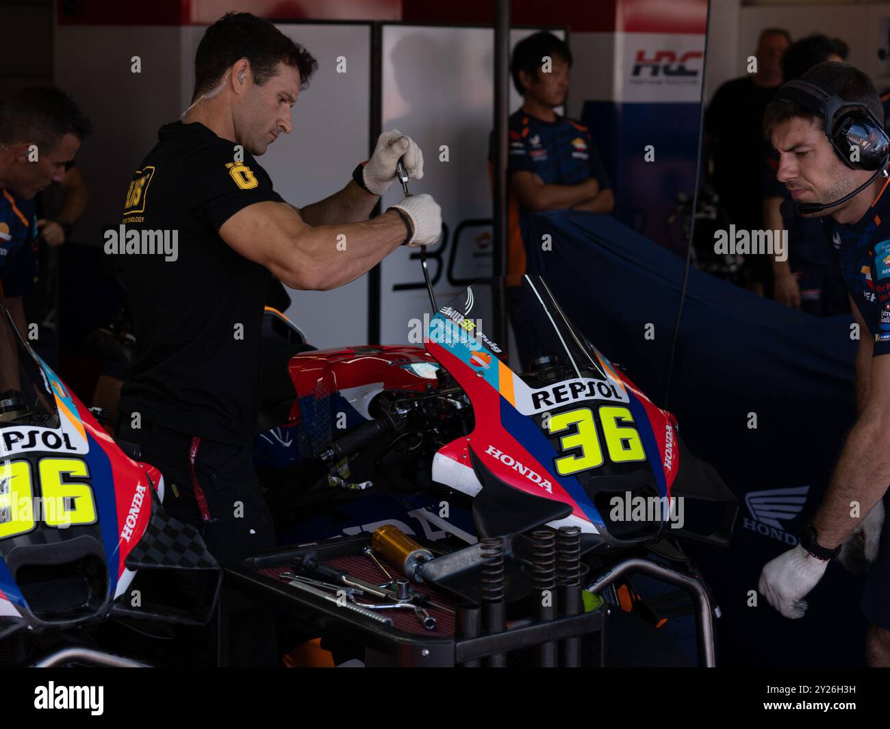 Moto de 36 Joan Mir (Spa-Repsol Honda Team) lors du MotoGP test Misano lundi, sur Misano World circuit Marco Simoncelli à Misano Adriatico le 9 septembre 2024 à Misano Adriatico, Italie. Banque D'Images