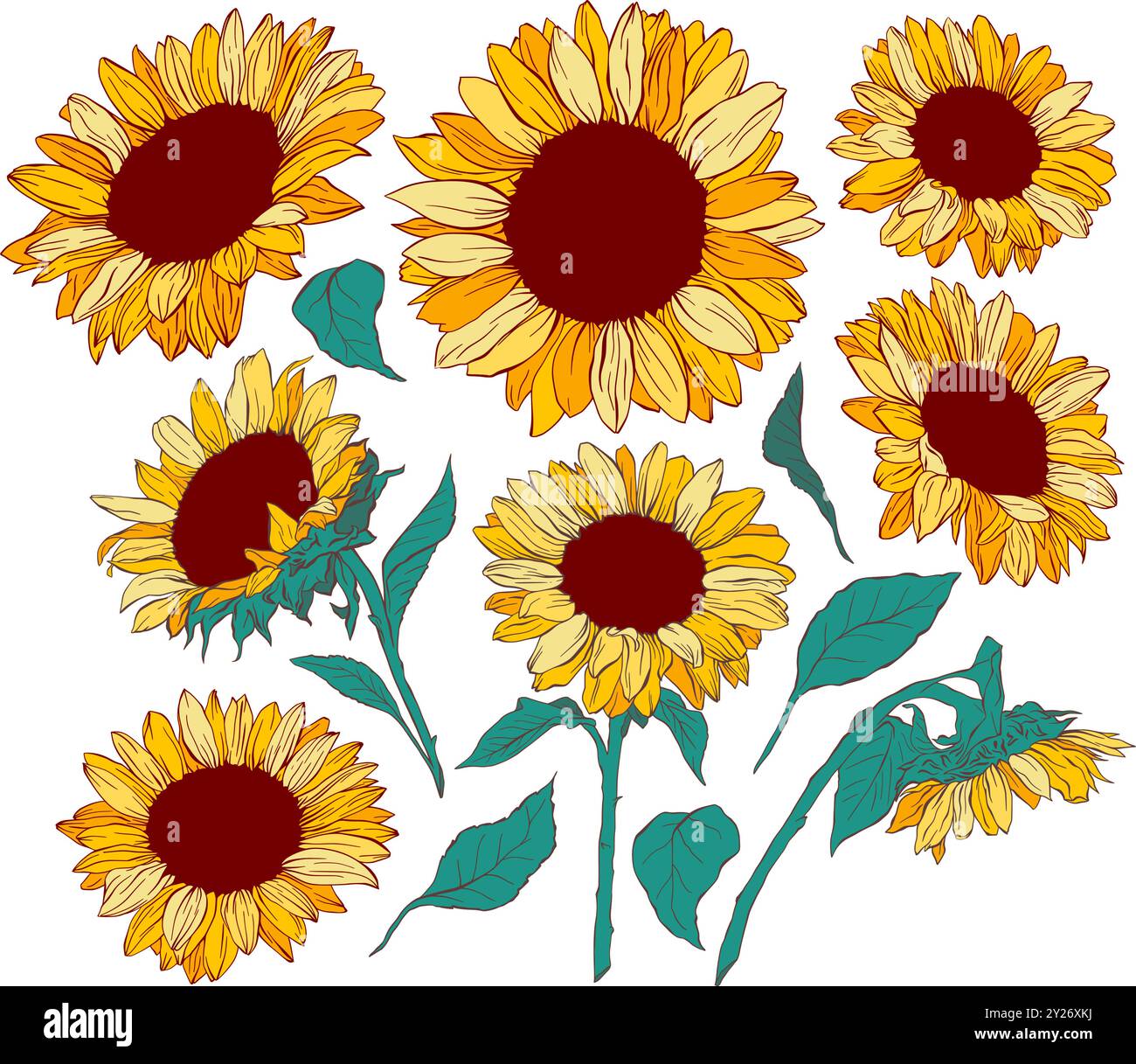 Jaune tournesol fleurs vectorielles Eléments de conception isolés Collection Bundle pour la découpe laser et l'impression Illustration de Vecteur
