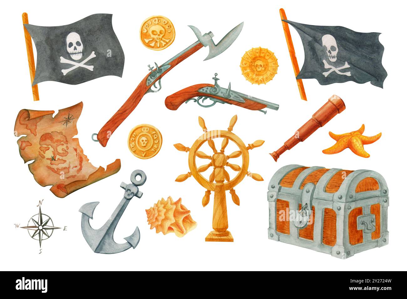 Définir si des objets pirates isolés. Éléments d'aventure en mer : Spyglass, carte au trésor, drapeaux noirs, coffre au trésor, volant, ancre, arme, pièce de monnaie Banque D'Images