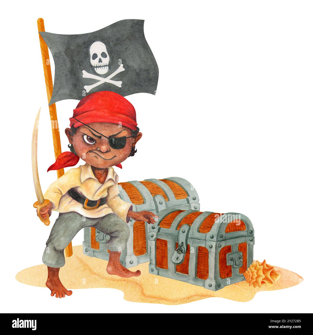 Cadre d'angle ou bordure avec garçon pirate de bande dessinée protégeant les coffres au trésor. Corsair aquarelle isolé pour carte, bannière d'aventure, conception de partie pirate Banque D'Images