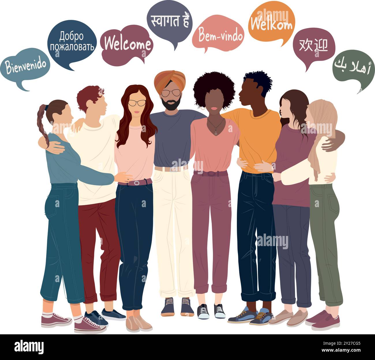 Groupe de personnes multiculturelles embrassant de différents continents avec des bulles de discours contenant le texte -Bienvenue- dans différentes langues internationales Illustration de Vecteur