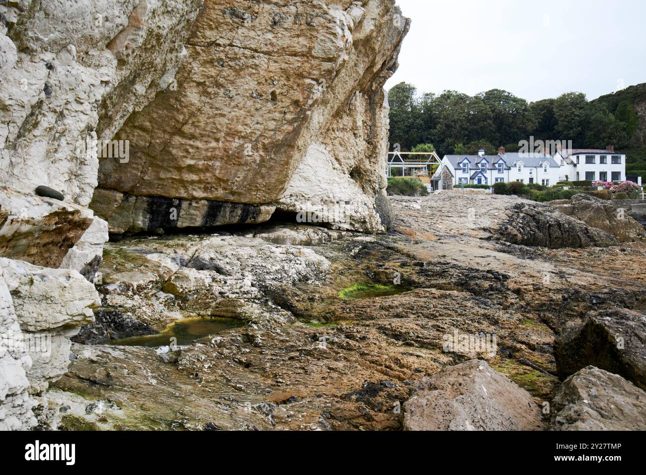 nodules de silex dans la forrmation de calcaire blanc d'ulster au-dessus de l'avion de litière altérée au-dessus de la formation de mudstone du jurassic waterloo sur le nord de l'antrim coa Banque D'Images