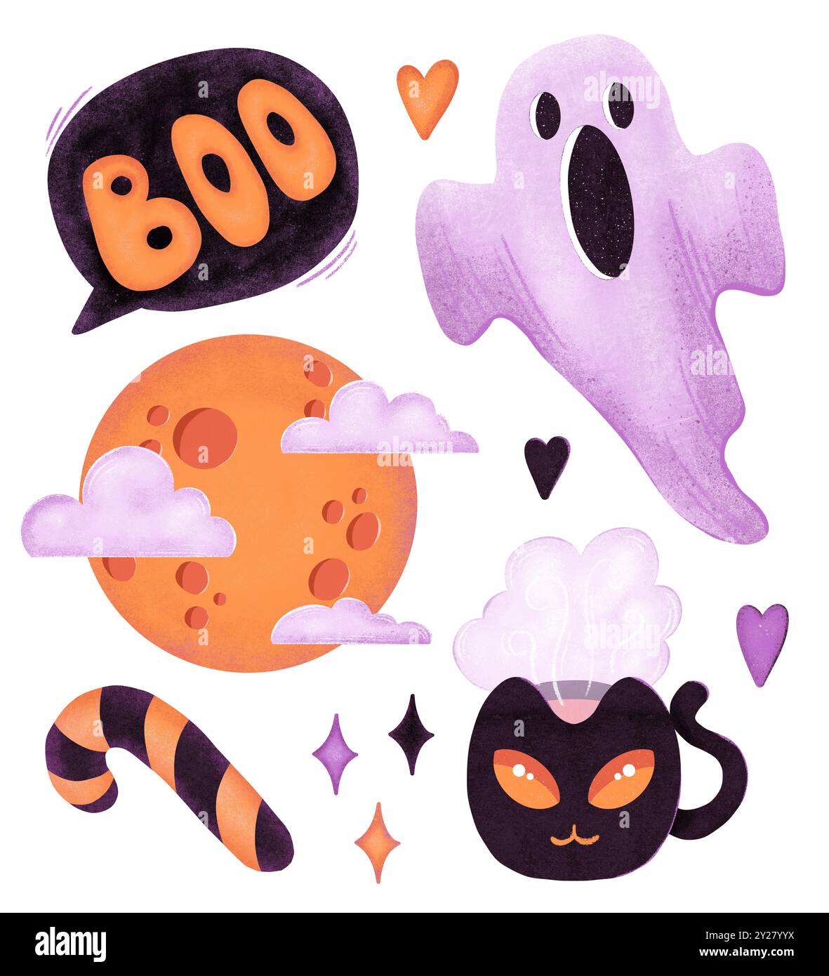 Mini ensemble d'Halloween avec des éléments de design mignons. Collection enfants - fantôme, lune, tasse, bonbons, boo. Idéal pour cartes, impression, invitation, décoration de fête Banque D'Images