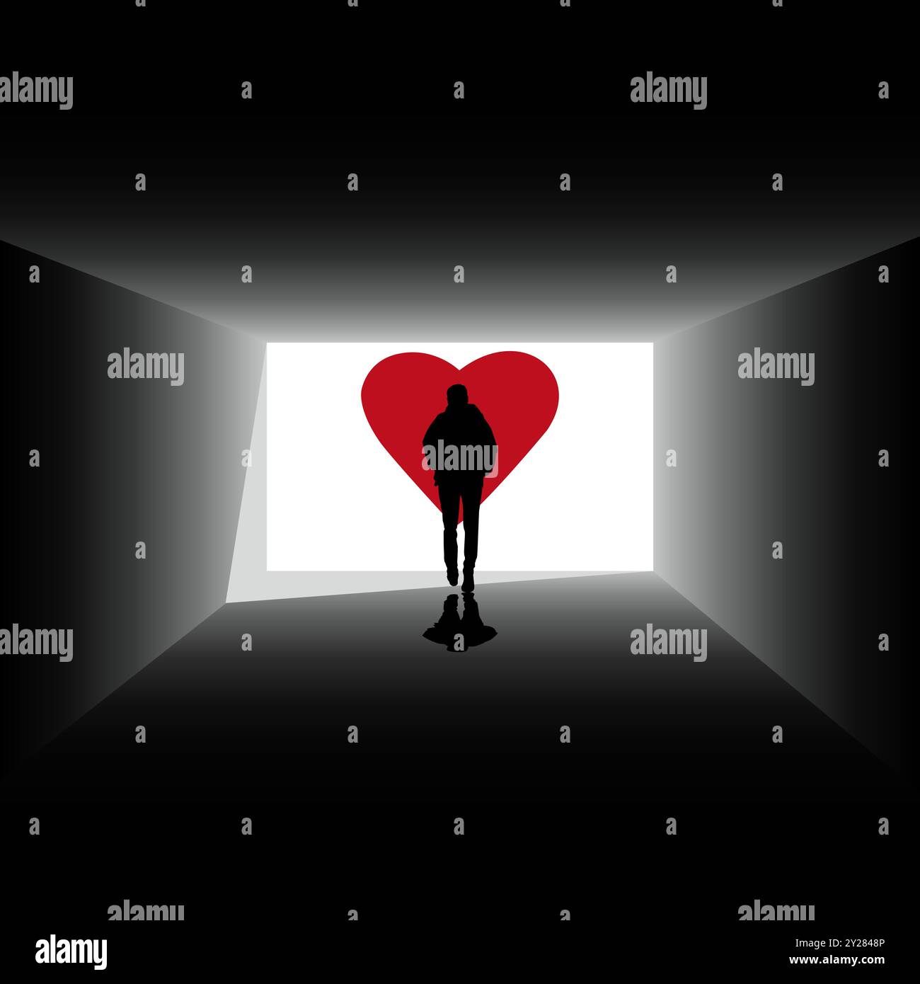 Silhouette mystérieuse d'un homme qui marche illuminée dans un tunnel faiblement éclairé, avec un cœur symbolisant l'amour et l'espoir, illustration vectorielle Illustration de Vecteur