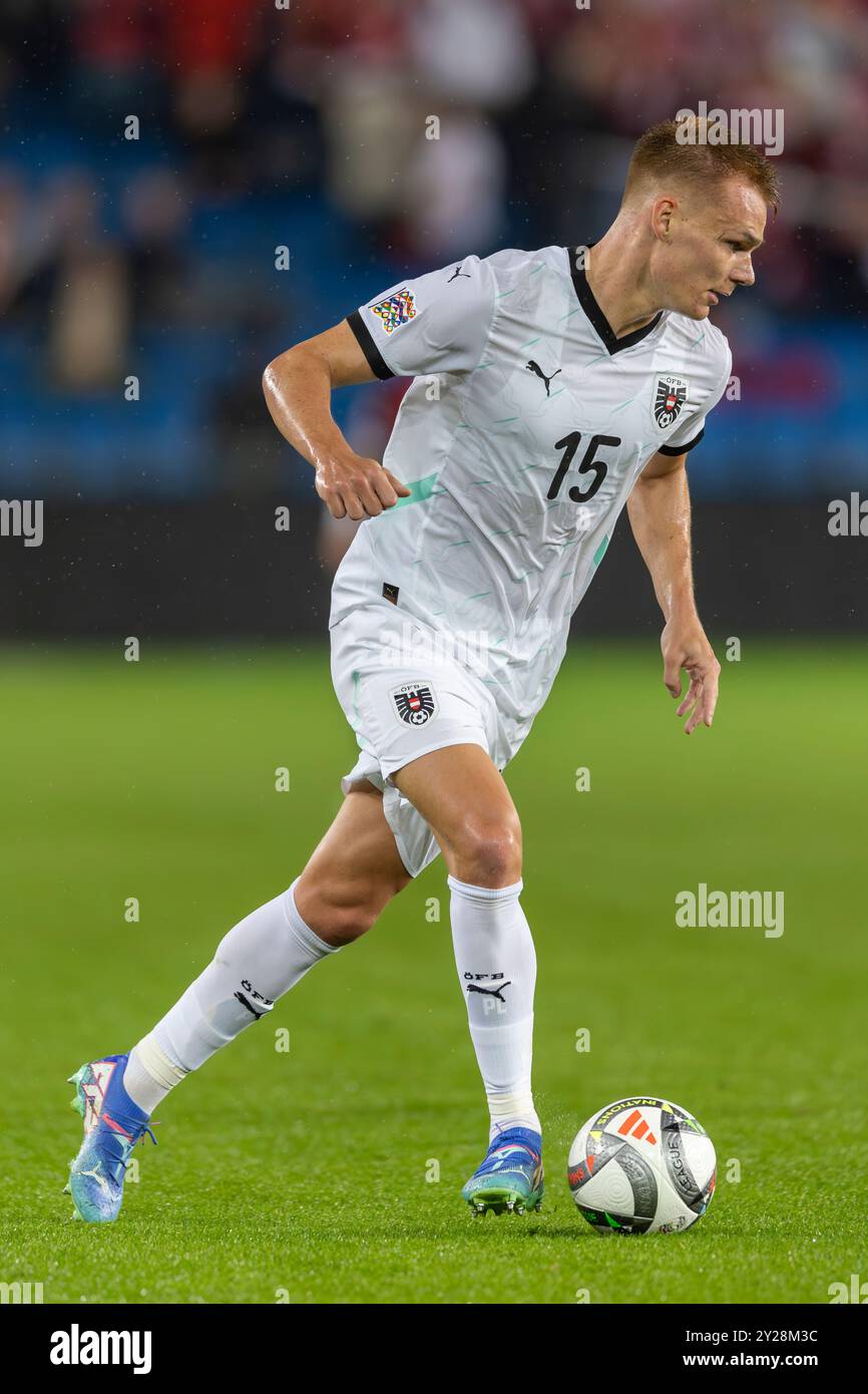 Oslo, Norvège 09 septembre 2024 Philipp Lienhart d'Autriche et Fribourg contrôle le ballon lors du match du groupe B de l'UEFA Nations League entre la Norvège et l'Autriche au stade Ullevaal d'Oslo, Norvège crédit : Nigel Waldron/Alamy Live News Banque D'Images