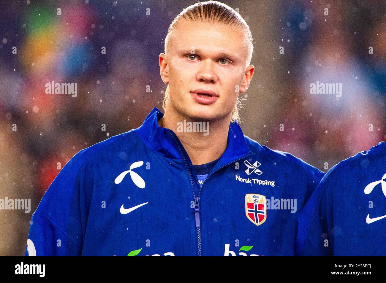 Oslo, Norvège. 09th Sep, 2024. Norvège Erling Braut Haaland sous l'hymne national avant le match UEFA Nations League 2024/2025 League B - Group 3 entre la Norvège et l'Autriche au stade Ullevaal le 9 septembre 2024 à Oslo, Norvège. Crédit : RTC FOTO/Alamy Live News Banque D'Images