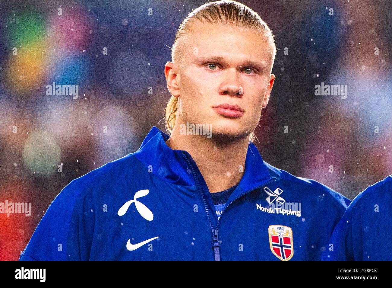 Oslo, Norvège. 09th Sep, 2024. Norvège Erling Braut Haaland sous l'hymne national avant le match UEFA Nations League 2024/2025 League B - Group 3 entre la Norvège et l'Autriche au stade Ullevaal le 9 septembre 2024 à Oslo, Norvège. Crédit : RTC FOTO/Alamy Live News Banque D'Images