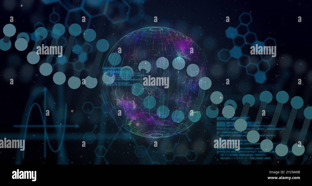 Image du brin d'adn et du traitement des données numériques dans le monde entier Banque D'Images