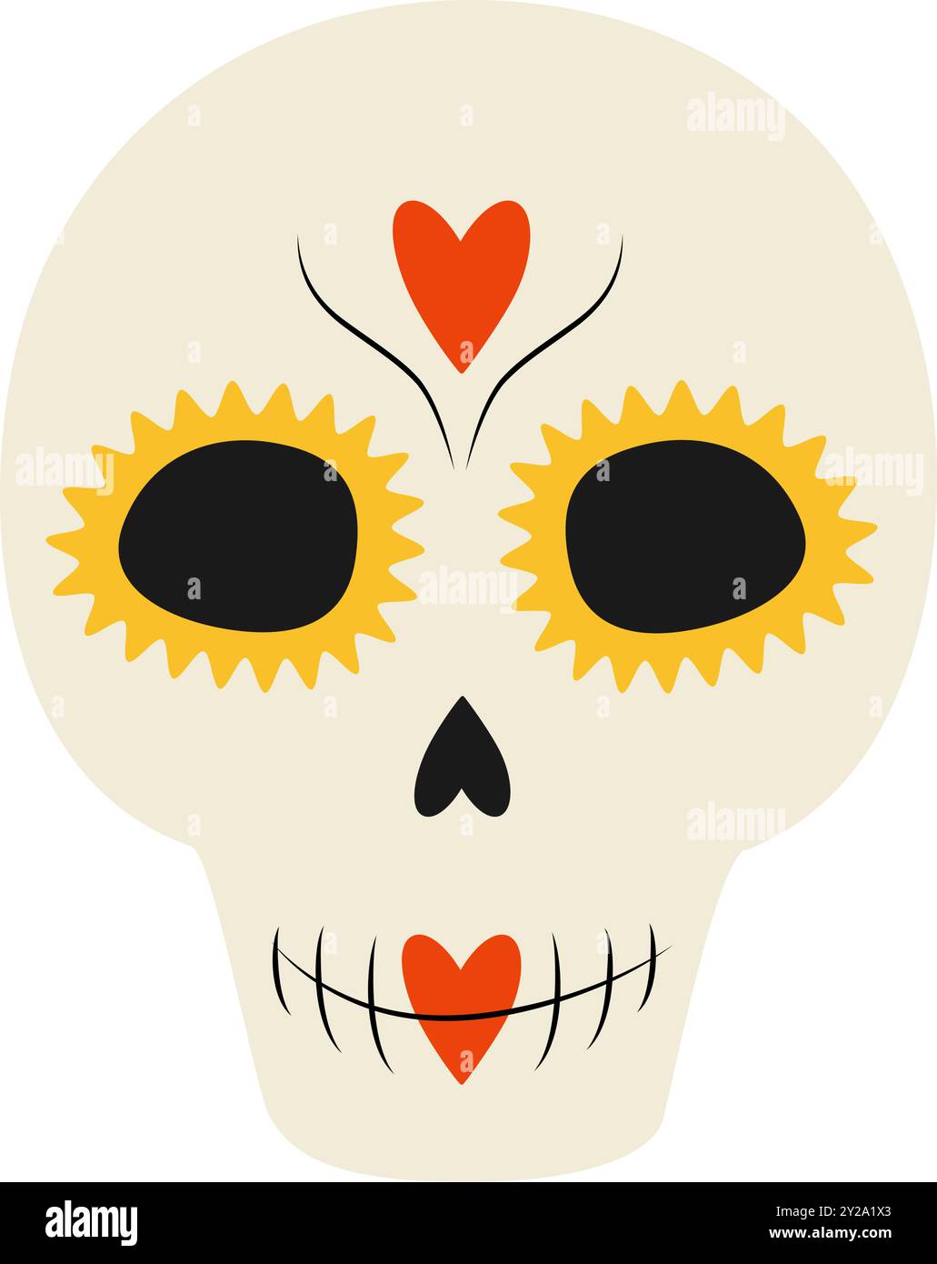 Sugar Skull visages décoratifs avec des coeurs, des lignes et des fleurs abstraites autour des yeux. Tradition mexicaine. Illustration vectorielle isolée sur cartes blanches, affiches, bannière, dépliant, étiquette ou web, concept promo Illustration de Vecteur