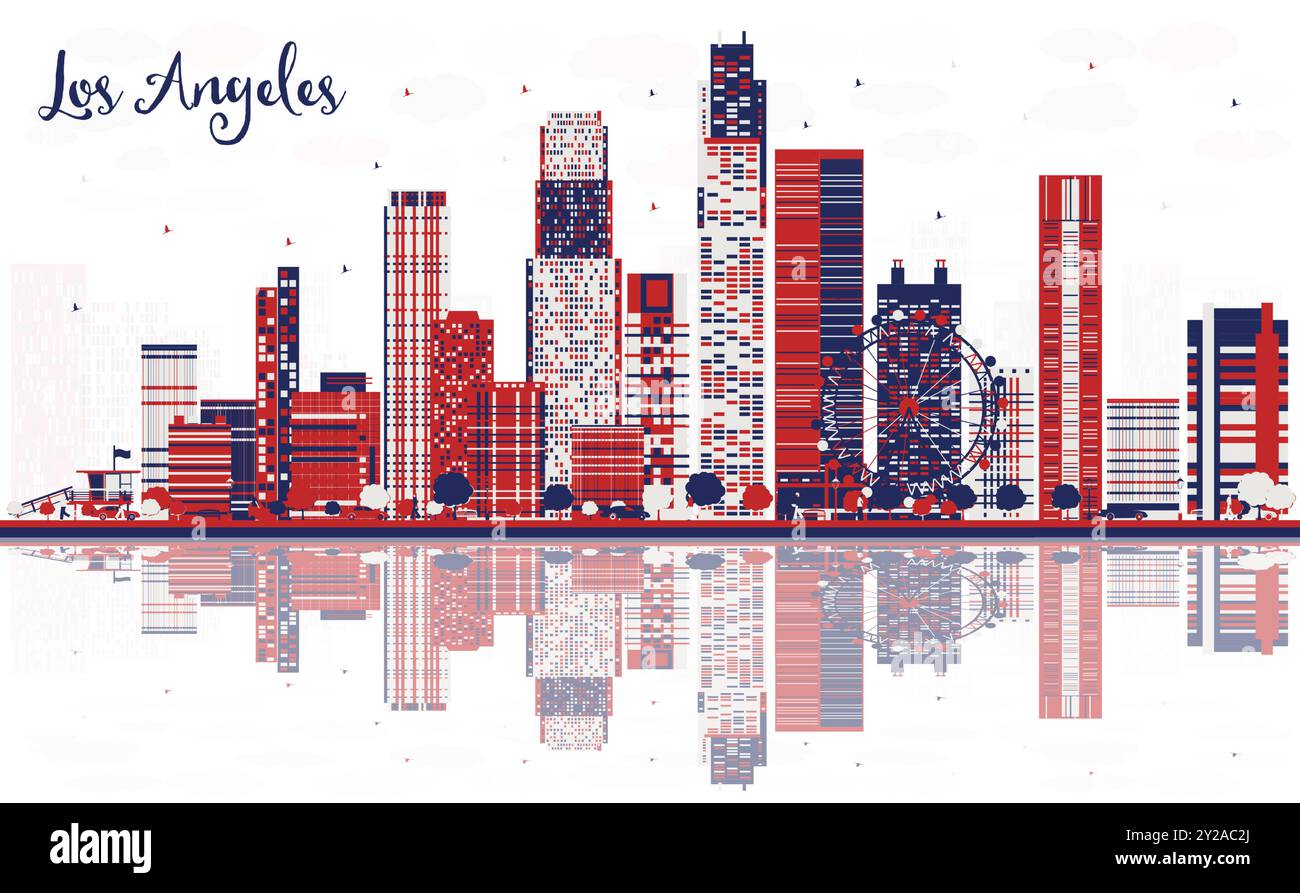 Horizon de la ville de Los Angeles USA avec des bâtiments de couleur et des reflets. Illustration vectorielle. Paysage urbain avec des points de repère. Illustration de Vecteur