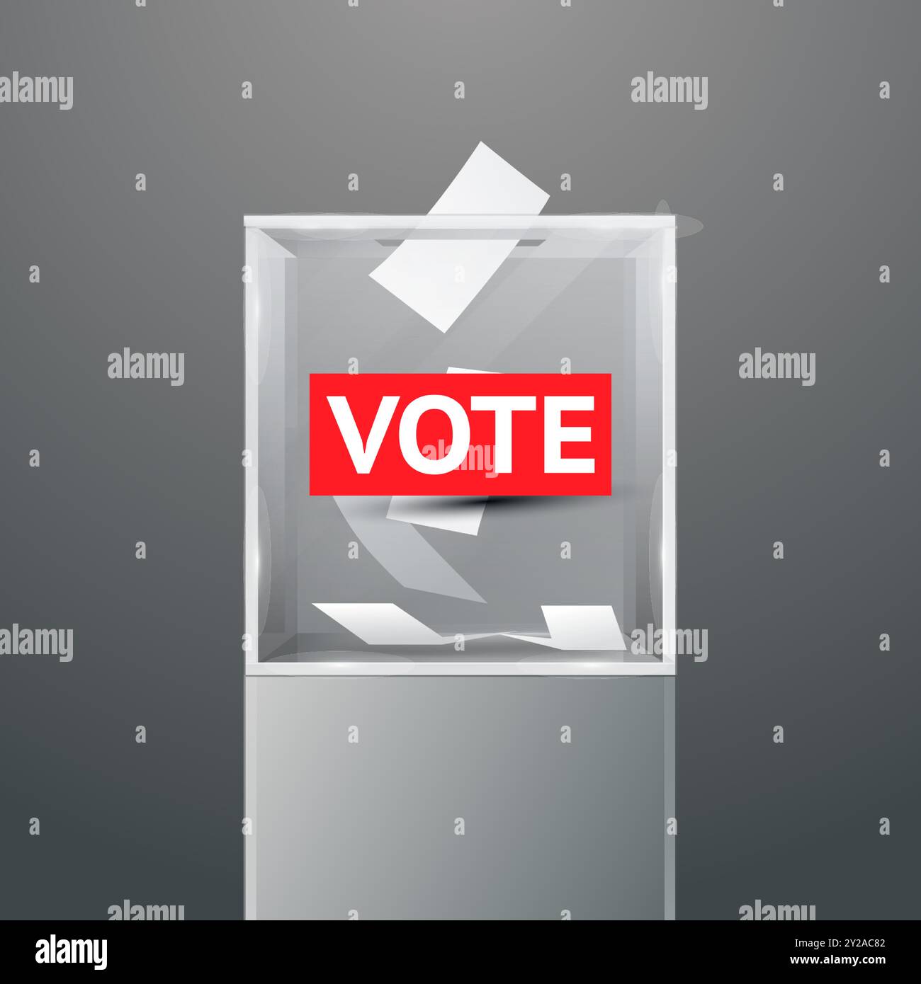 Urne de vote en verre sur le podium avec texte vote sur rouge. Illustration vectorielle. Voter livre blanc dans le trou. Conteneur de vote transparent avec bulletin de vote tombant Illustration de Vecteur