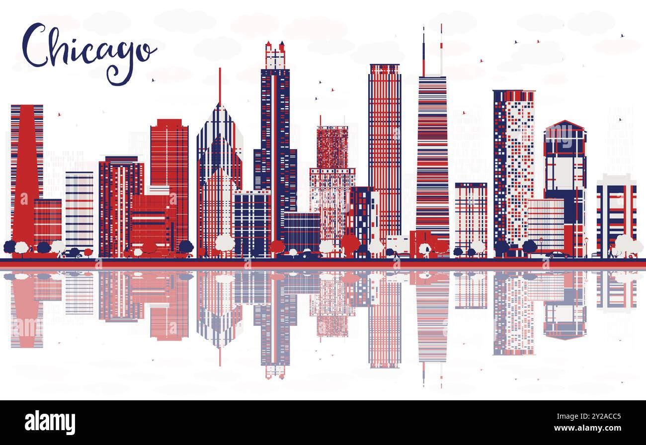 Abstrait Chicago USA ville skyline avec des gratte-ciel de couleur et des reflets. Illustration vectorielle. Paysage urbain avec des points de repère. Illustration de Vecteur