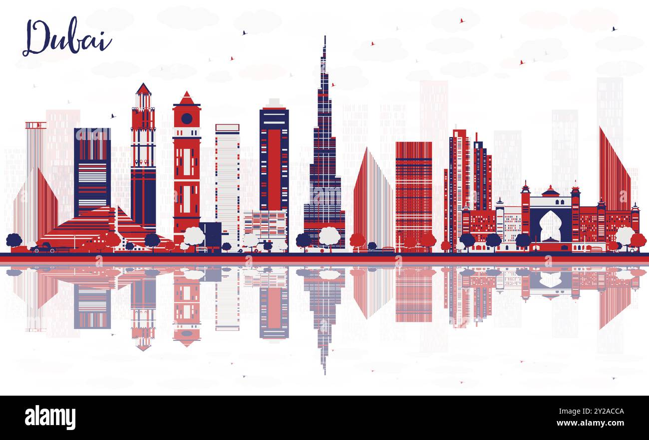 Horizon abstrait de la ville de Dubaï avec des gratte-ciels de couleur et des reflets. Illustration vectorielle. Paysage urbain avec des points de repère. Illustration de Vecteur