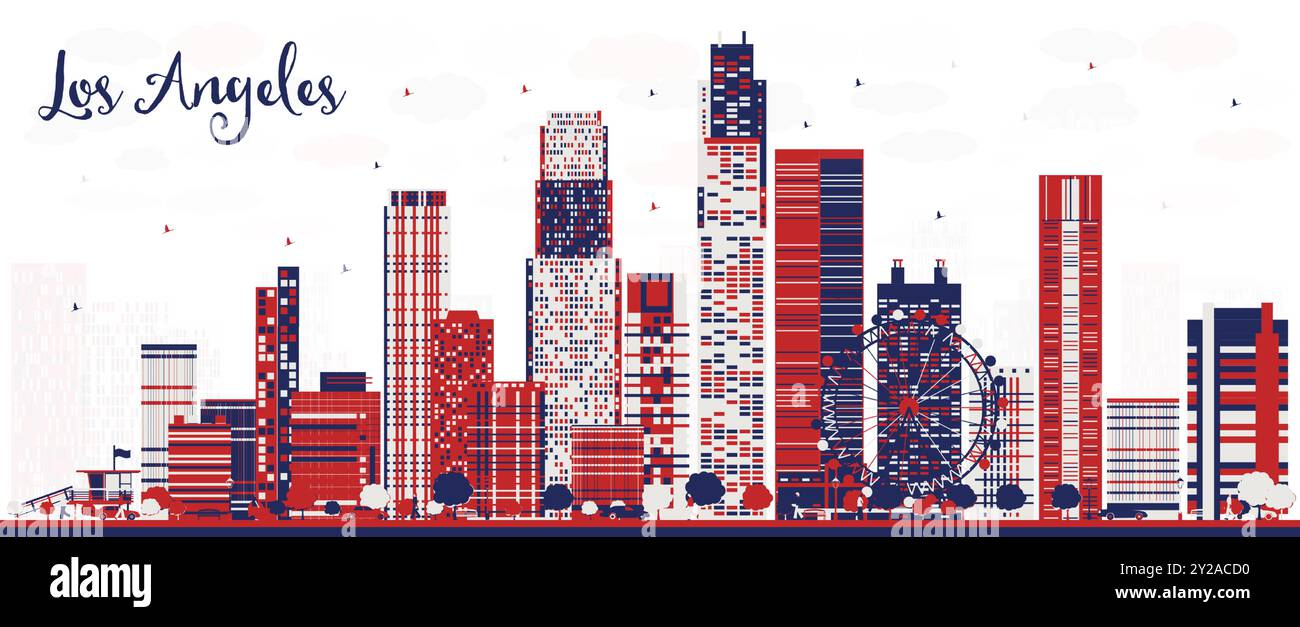 Los Angeles USA ville skyline avec des bâtiments de couleur. Illustration vectorielle. Paysage urbain avec des points de repère. Illustration de Vecteur