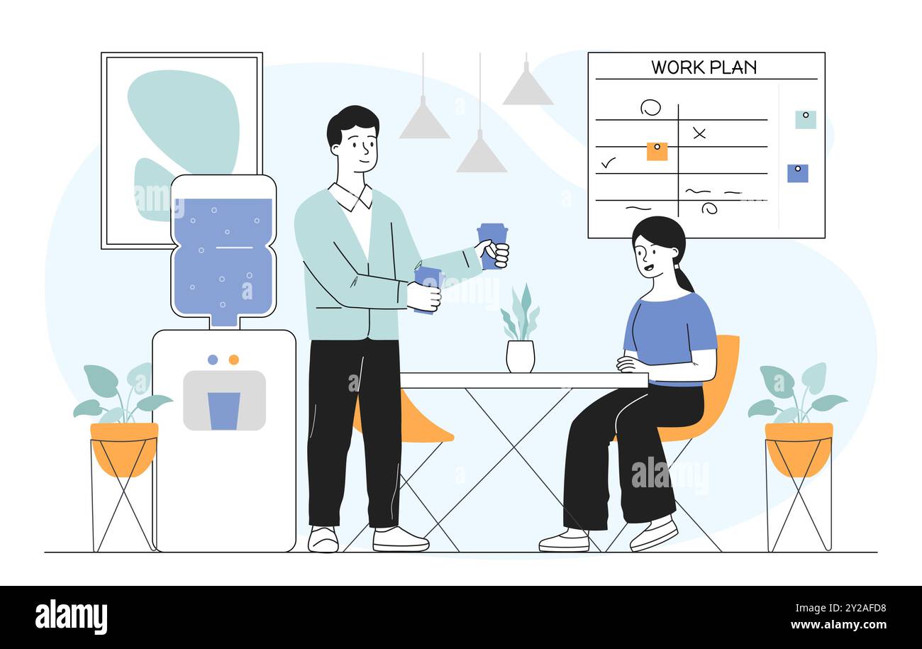 Pause au travail. Homme et femme au bureau assis avec des boissons chaudes. Conversation sur le lieu de travail. Eau dans le refroidisseur. Collègues et partenaires. Vecteur linéaire Illustration de Vecteur