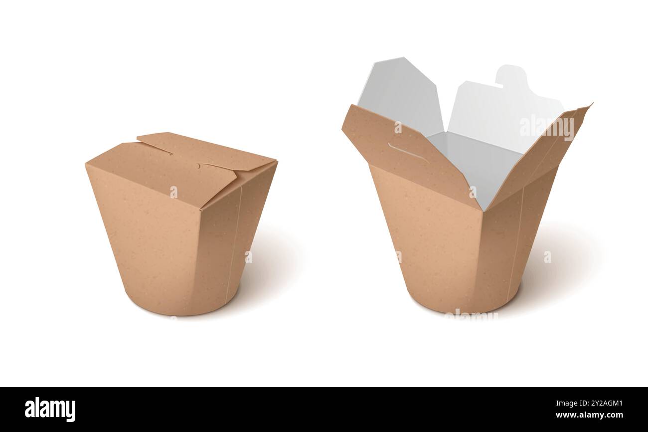 Boîte à emporter en carton pour nouilles. Maquette de paquet de papier alimentaire chinois à emporter brun fermé et ouvert. Ensemble de vecteur 3d réaliste de modèle de conteneur de carton pour la marque de service de livraison de repas. Illustration de Vecteur Boîte à emporter en carton pour nouilles. Maquette de paquet de papier alimentaire chinois à emporter brun fermé et ouvert. Ensemble de vecteur 3d réaliste de modèle de conteneur de carton pour la marque de service de livraison de repas. Illustration de Vecteur