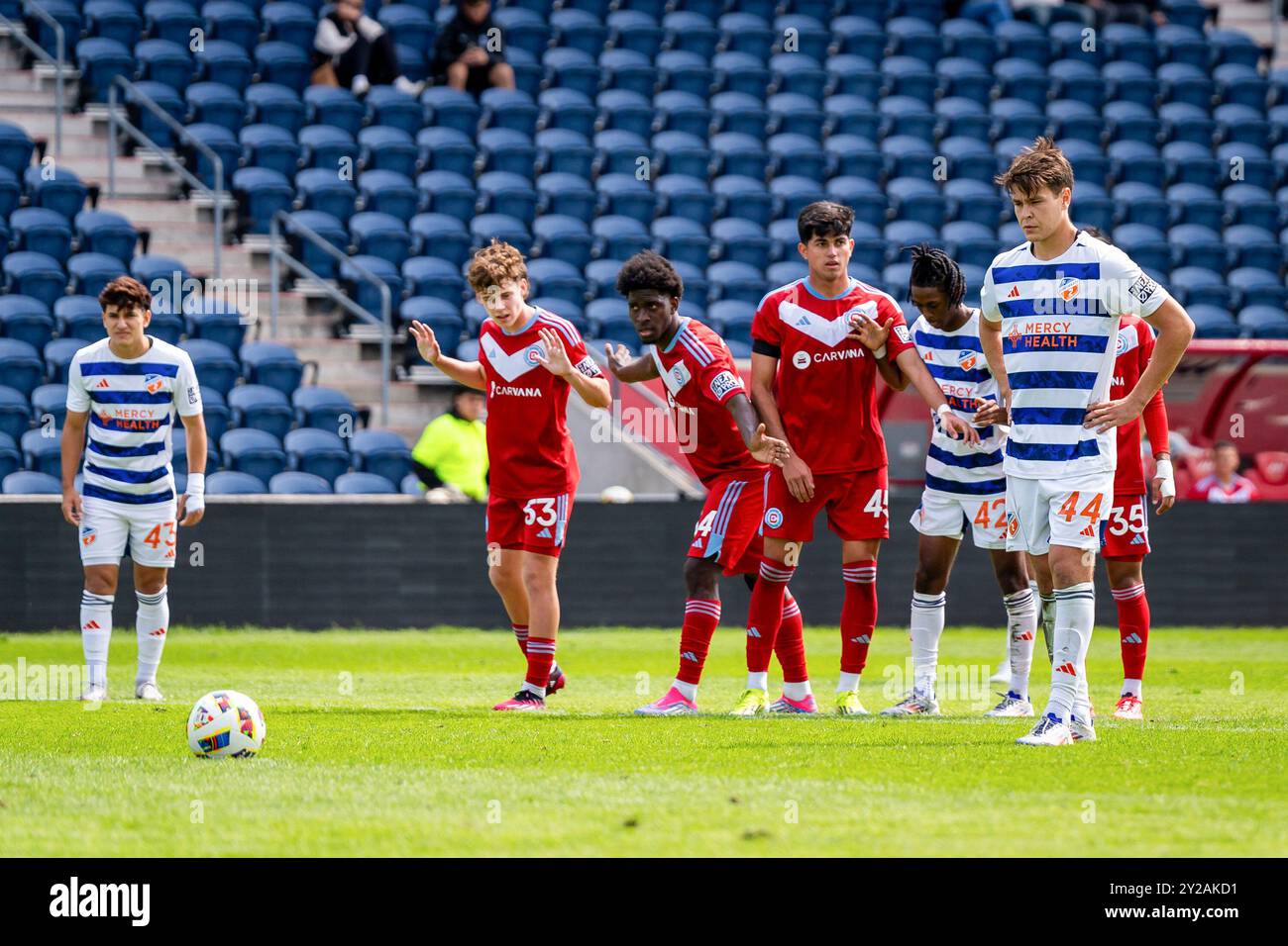 Bridgeview, États-Unis. 08 septembre 2024. Ben Stitz (44 ans) du FC Cincinnati II en action lors du match de football MLS NextPro entre Chicago Fire FC II et FC Cincinnati II au SeatGeek Stadium. Score final : Chicago Fire FC II 1:1 FC Cincinnati II crédit : SOPA images Limited/Alamy Live News Banque D'Images