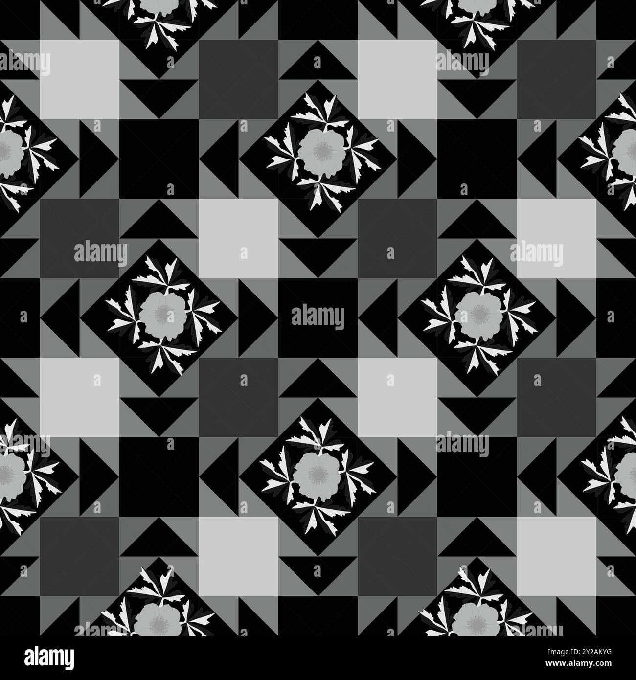 Un motif noir et blanc avec des fleurs, des feuilles et des branches, mettant en valeur la beauté des plantes à fleurs dans un design élégant et élégant Illustration de Vecteur