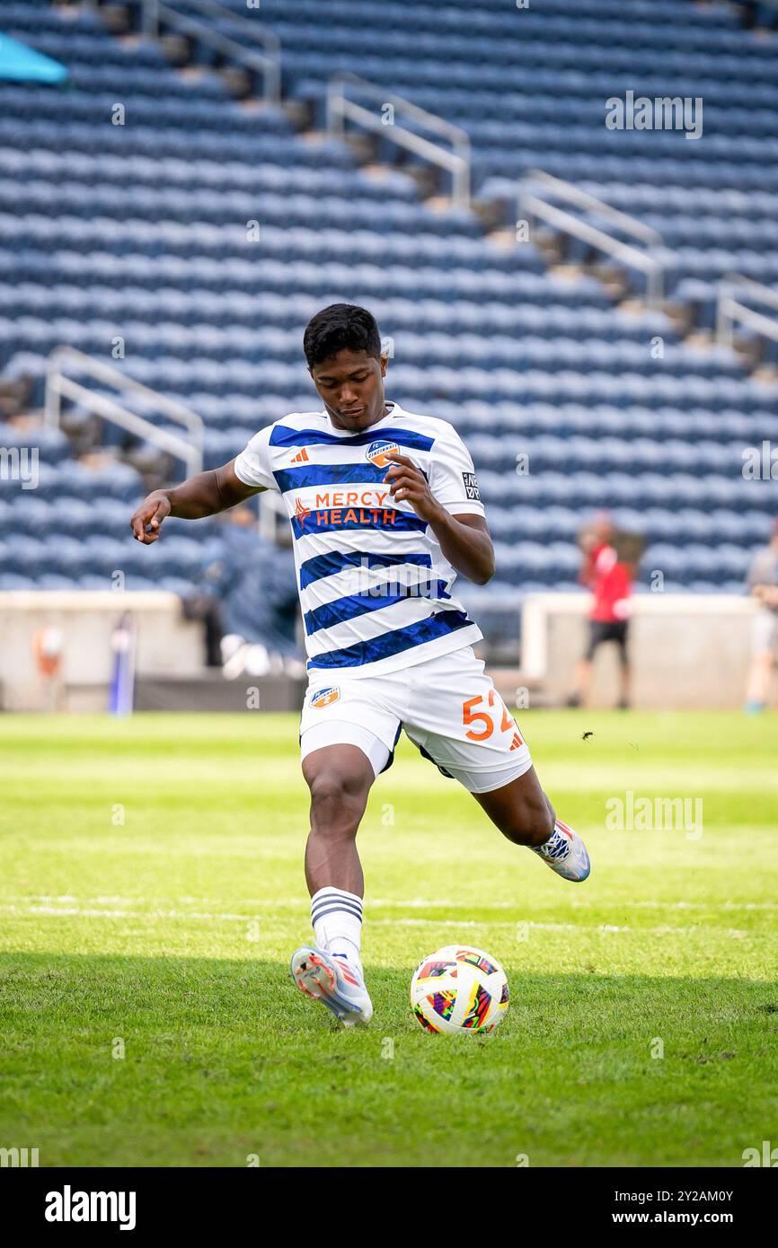 Bridgeview, États-Unis. 08 septembre 2024. Yair Ramos Perez (52 ans) du FC Cincinnati II en action lors du match de football MLS NextPro entre Chicago Fire FC II et FC Cincinnati II au SeatGeek Stadium. Score final : Chicago Fire FC II 1:1 FC Cincinnati II (photo Raj Chavda/SOPA images/Sipa USA) crédit : Sipa USA/Alamy Live News Banque D'Images