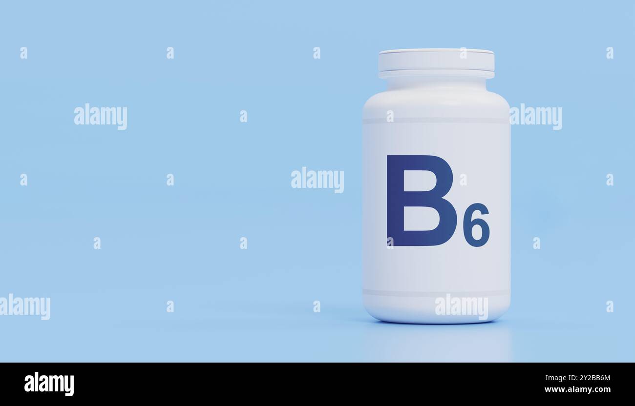 Bienfaits pour la santé de la vitamine B6, bouteille de supplément nutritionnel humain, nutriment essentiel pour la fonction corporelle, le bien-être et le soutien diététique sur fond bleu Banque D'Images