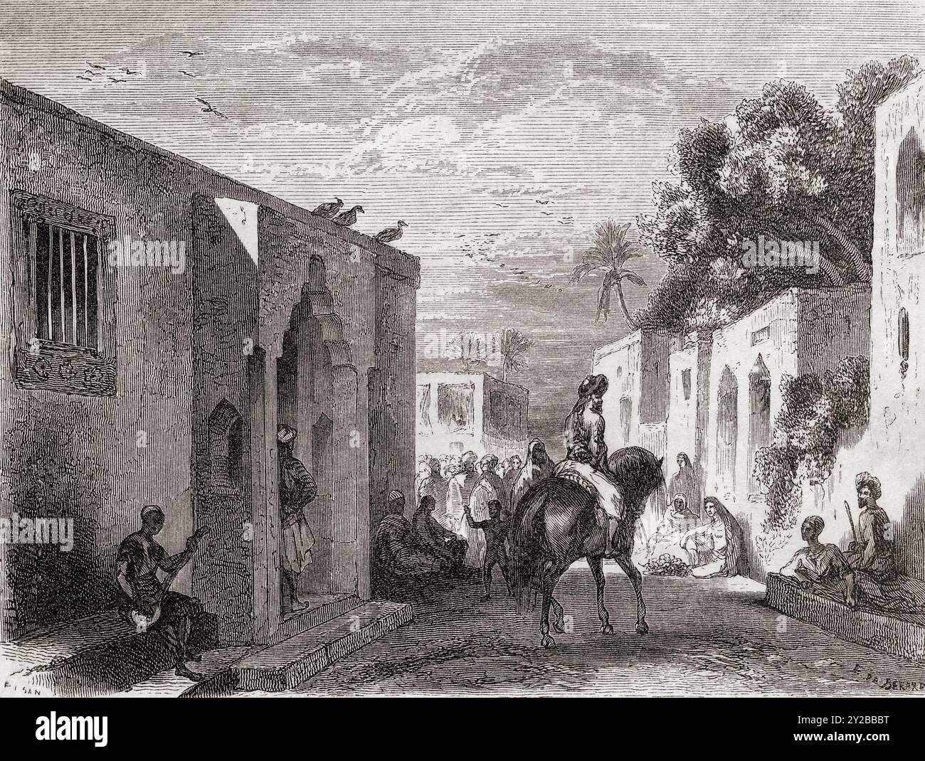 Une rue à Zanzibar, 19ème siècle. Extrait du Tour du monde, paru à Paris, 1860. Banque D'Images