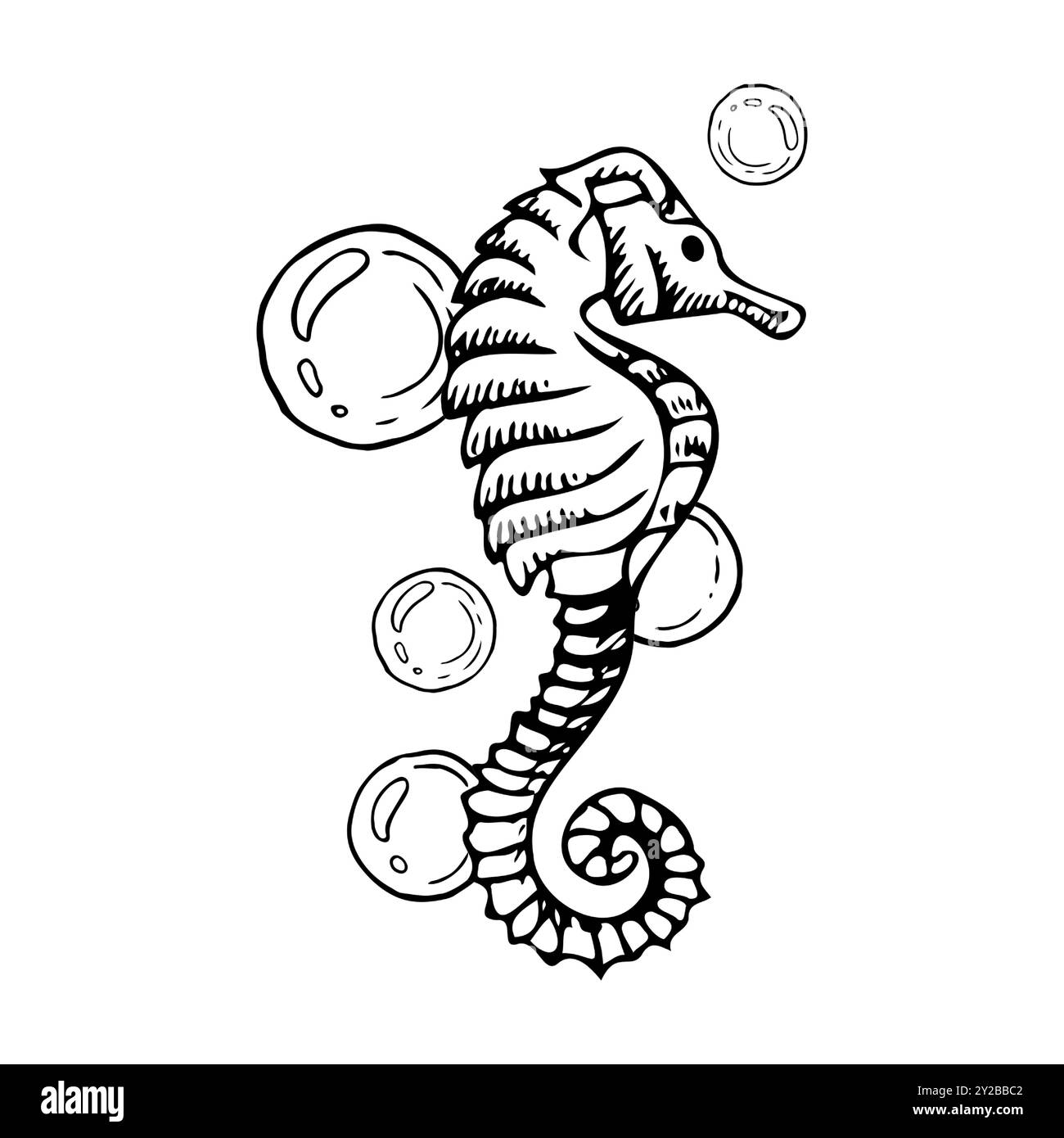 Hippocampe avec des bulles d'air noir et blanc Illustration de Vecteur