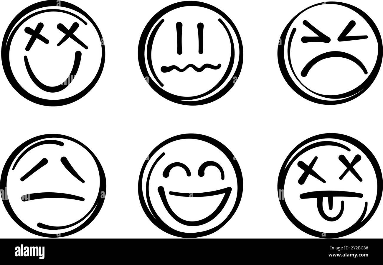 Ensemble d'emojis dessinés à la main. Éléments de conception d'émoticône vectoriel pour les bannières, flyer, cartes, affiche, collages, publicités et web. Illustration de Vecteur