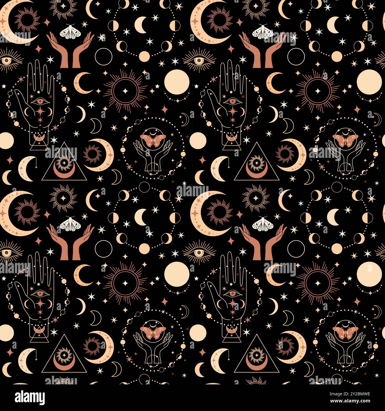Motif d'espace sans couture sur un fond noir. Illustration boho avec lune, soleil, libellules, étoiles, fonds d'écran pour l'astrologie, tarot, ésotérisme Illustration de Vecteur