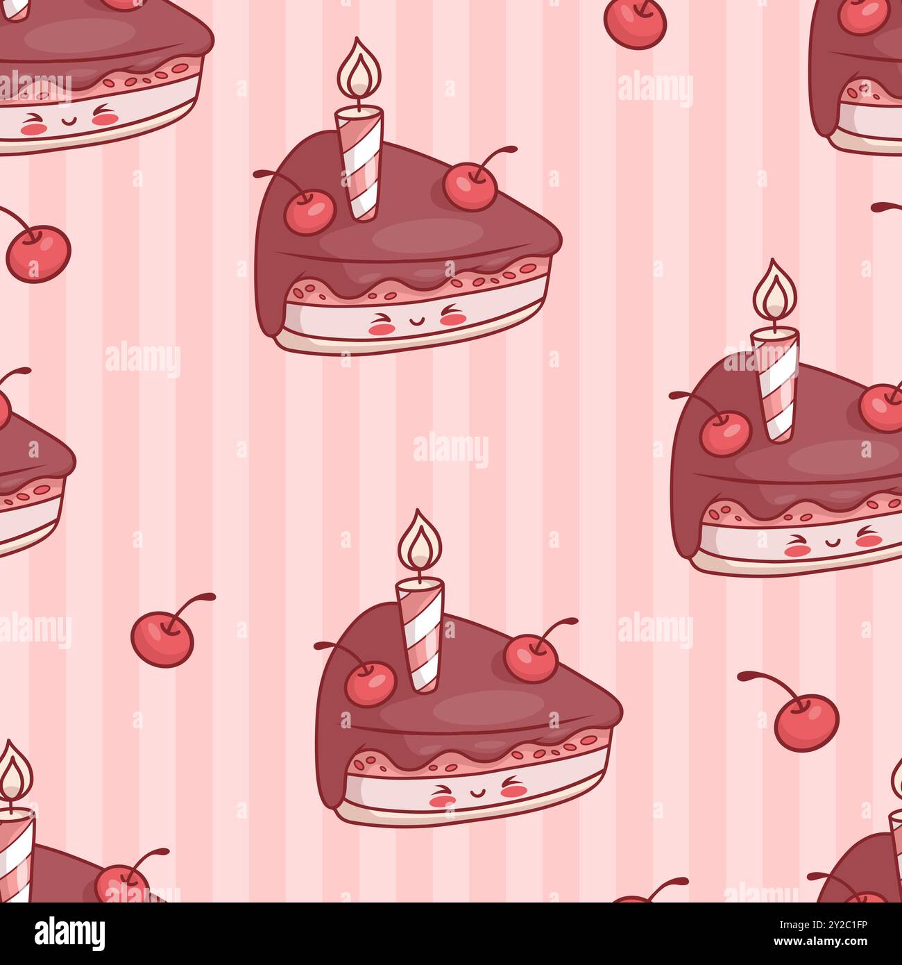 Modèle sans couture avec morceau de chocolat festif mignon de gâteau d'anniversaire avec des cerises et une bougie sur fond rose rayé. Dessin animé kawaii de vacances drôle Illustration de Vecteur