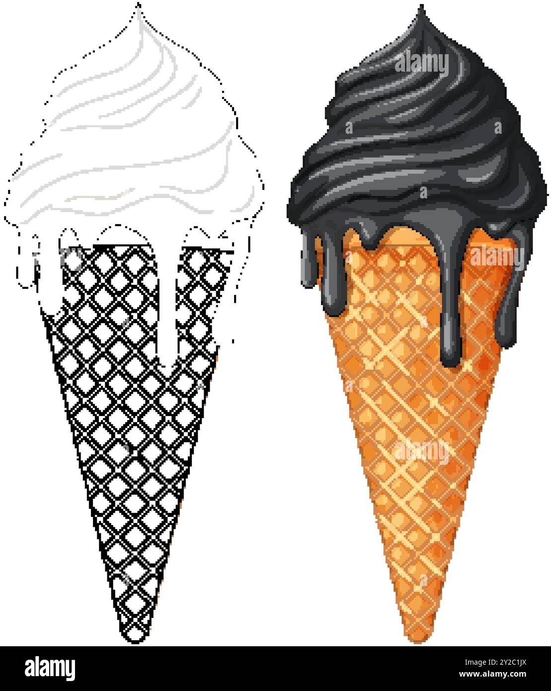 Deux cônes de crème glacée, l'un coloré, l'autre délimité Illustration de Vecteur