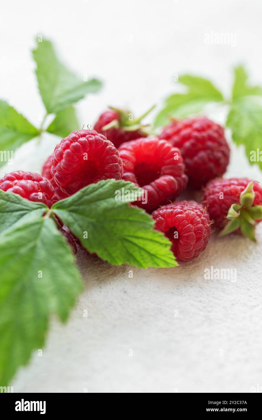 Framboises mûres biologiques fraîches avec des feuilles Banque D'Images