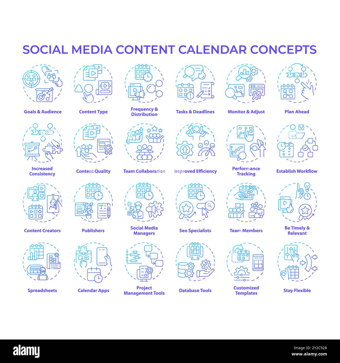 Icônes de concept de dégradé bleu de calendrier de contenu de médias sociaux Illustration de Vecteur