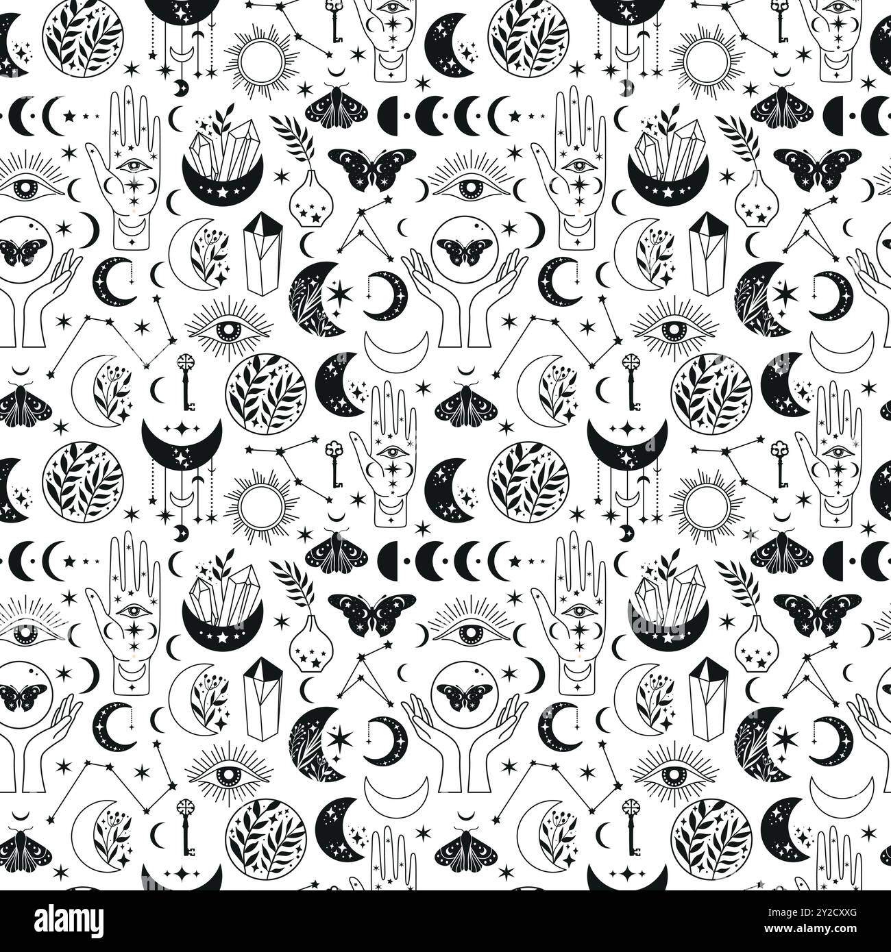 Modèle sans couture phases de lune mystique et femme mains et papillon, alchimie espace magique ésotérique, vecteur isolé sur fond blanc Illustration de Vecteur