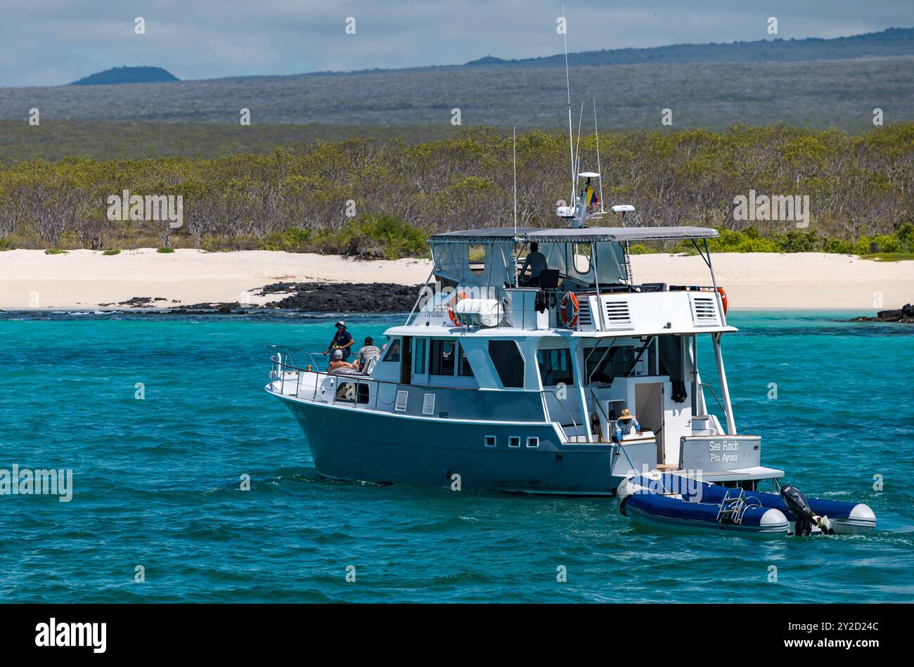Bateau de tourisme Sea Finch remorquant un dinghy en direction de la plage de sable, île de Santa Cruz, Galapagos Banque D'Images