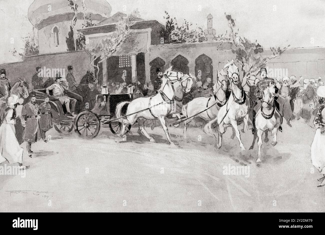 Le Shah de Perse conduisant à travers Téhéran mettant ainsi fin aux spéculations sur les faux rapports de sa mort, 1896. Tiré du journal Graphic Illustrated Weekly, publié en 1897. Banque D'Images