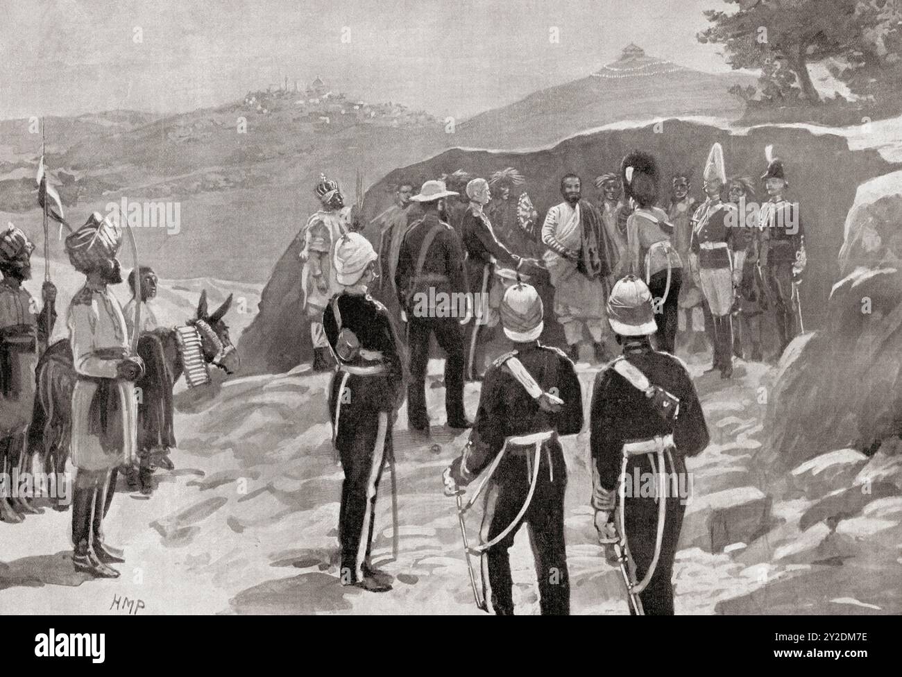 La rencontre de Renell Rodd et Ras Makonnen lors du traité anglo-éthiopien de 1897 alias le traité Rodd, un accord signé entre l'Empire britannique et l'Empire éthiopien. James Rennell Rodd, 1er baron Rennell, 1858 - 1941. Diplomate, poète et homme politique britannique. RAS Makonnen Wolde Mikael Wolde Melekot, alias ou simplement Ras Makonnen, et Abba Qagnew, 1852 – 1906. Royal éthiopien de Shewa, chef militaire et gouverneur de Harar. Tiré du journal Graphic Illustrated Weekly, publié en 1897. Banque D'Images
