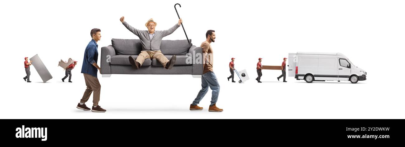 Compagnie de déménagement avec une camionnette et des ouvriers portant des meubles isolés sur fond blanc Banque D'Images