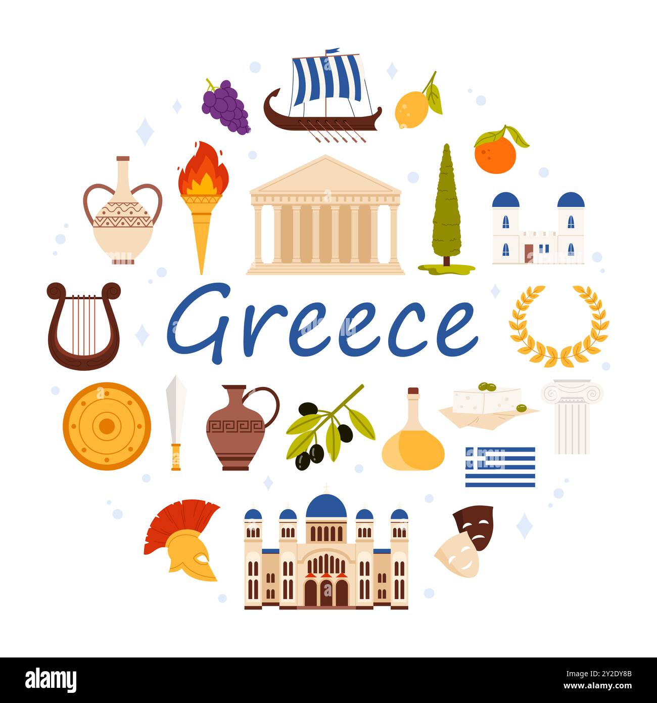 Voyage en Grèce conception de bannière ronde avec texte grec et éléments de culture en cercle. Drapeau de pays et décoration des Grecs antiques, ruines anciennes et temples, illustration vectorielle de dessin animé de nourriture célèbre Illustration de Vecteur