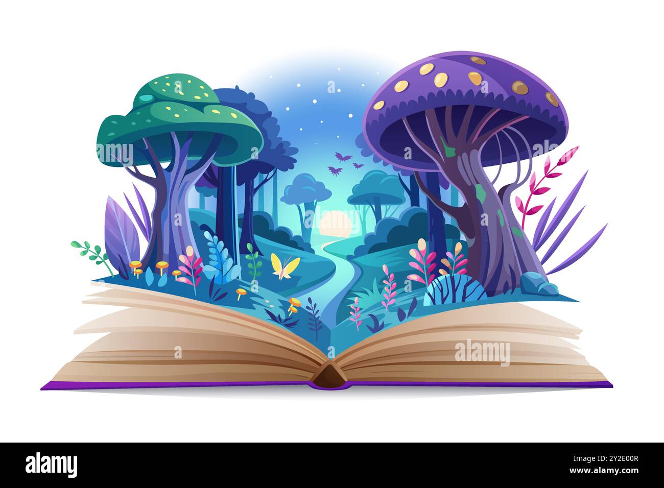 Livre ouvert avec monde de conte de fées magique dans la lumière néon brillante. Livre de contes de fantaisie avec des champignons violets et rivière bleue sur les pages, histoire de sorcellerie mystique pour la lecture par l'illustration vectorielle de dessin animé d'enfants Illustration de Vecteur